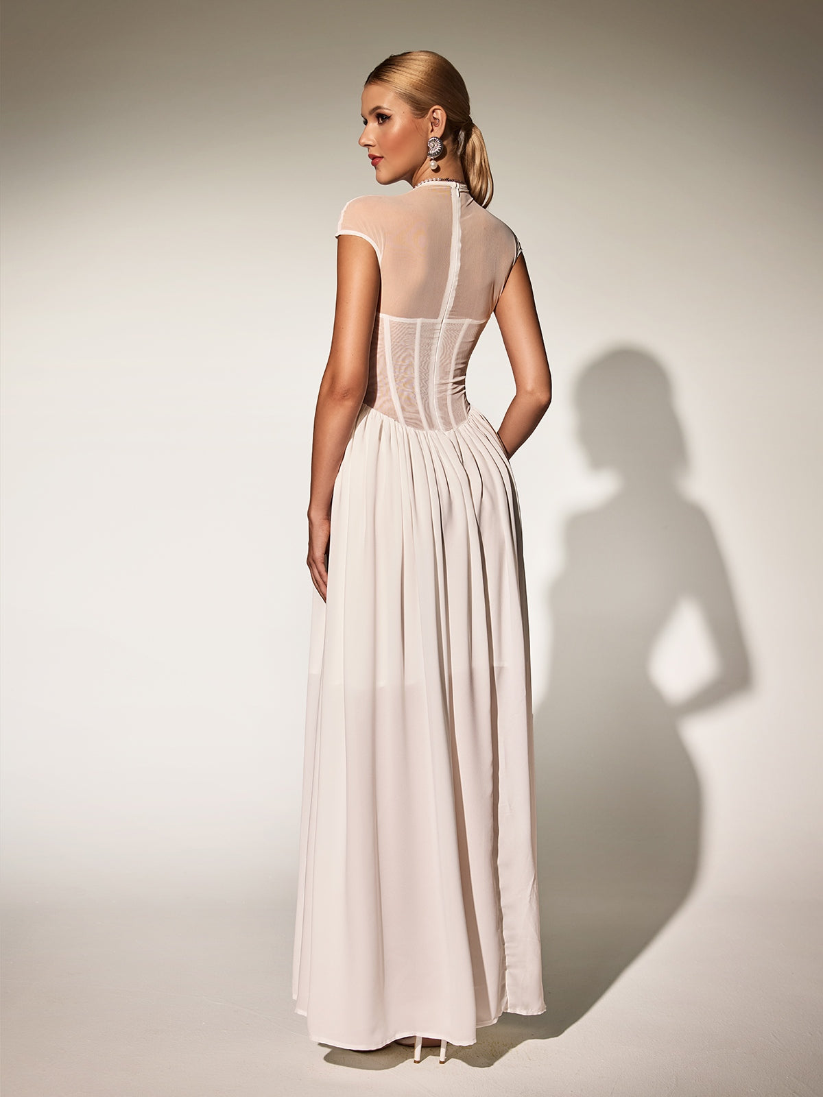 Mock Neck Cap Sleeve Sheer Mesh Corset Bodice Flowy Maxi Dress 6