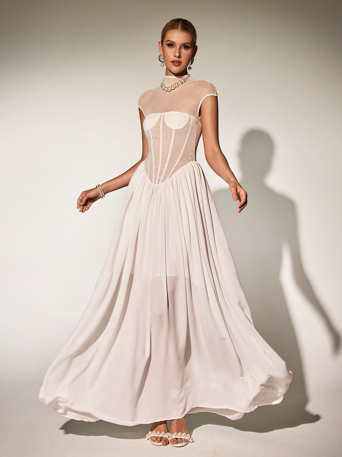 Mock Neck Cap Sleeve Sheer Mesh Corset Bodice Flowy Maxi Dress