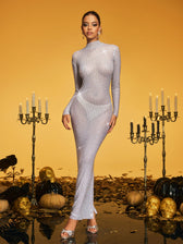 Diamond Mesh Maxi Dress In Silver