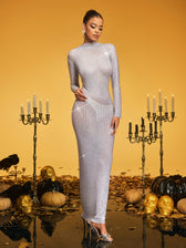 Diamond Mesh Maxi Dress In Silver - View 3
