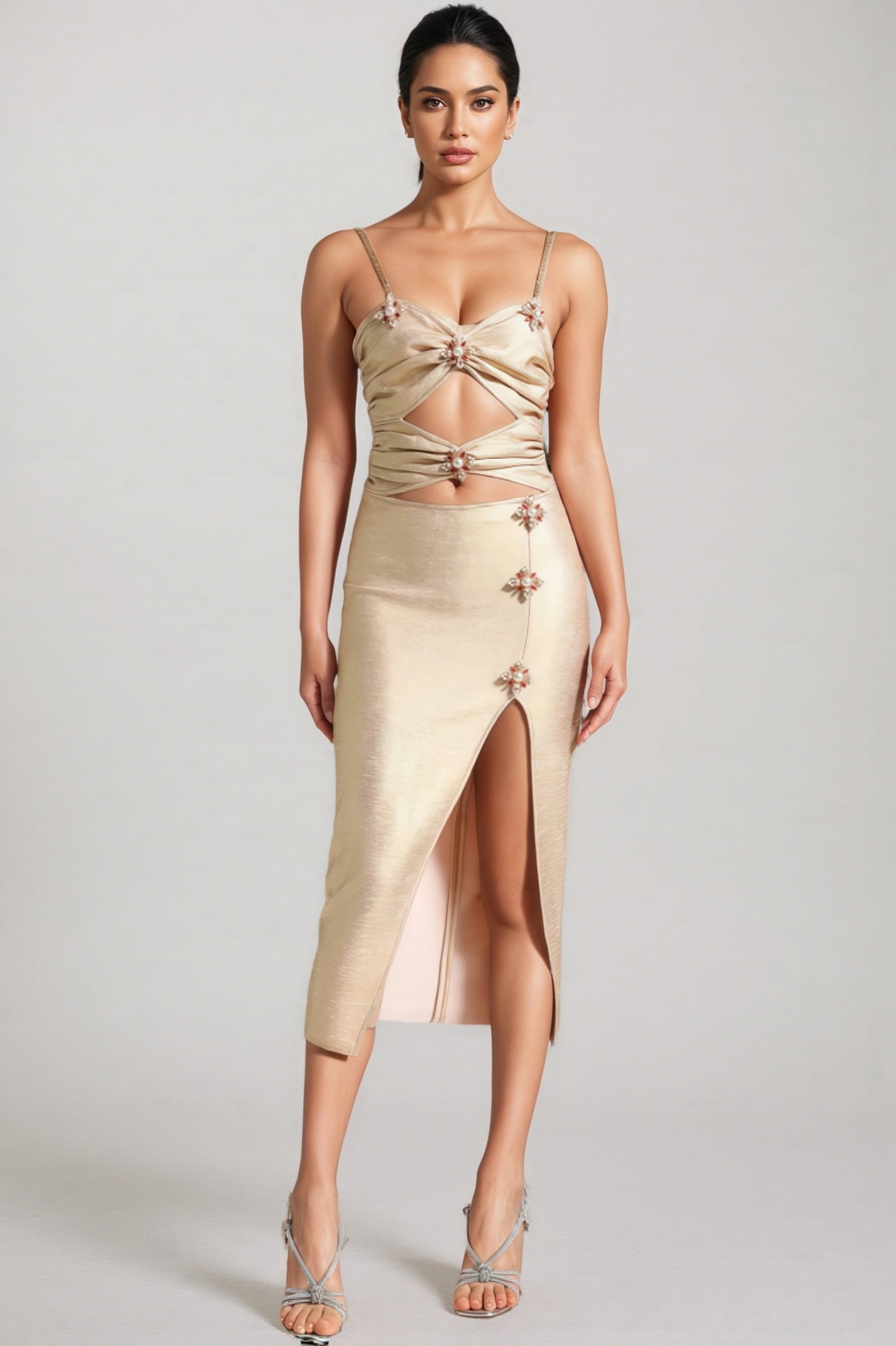 Alistair Pearls Cut Out Slit Midi Dress