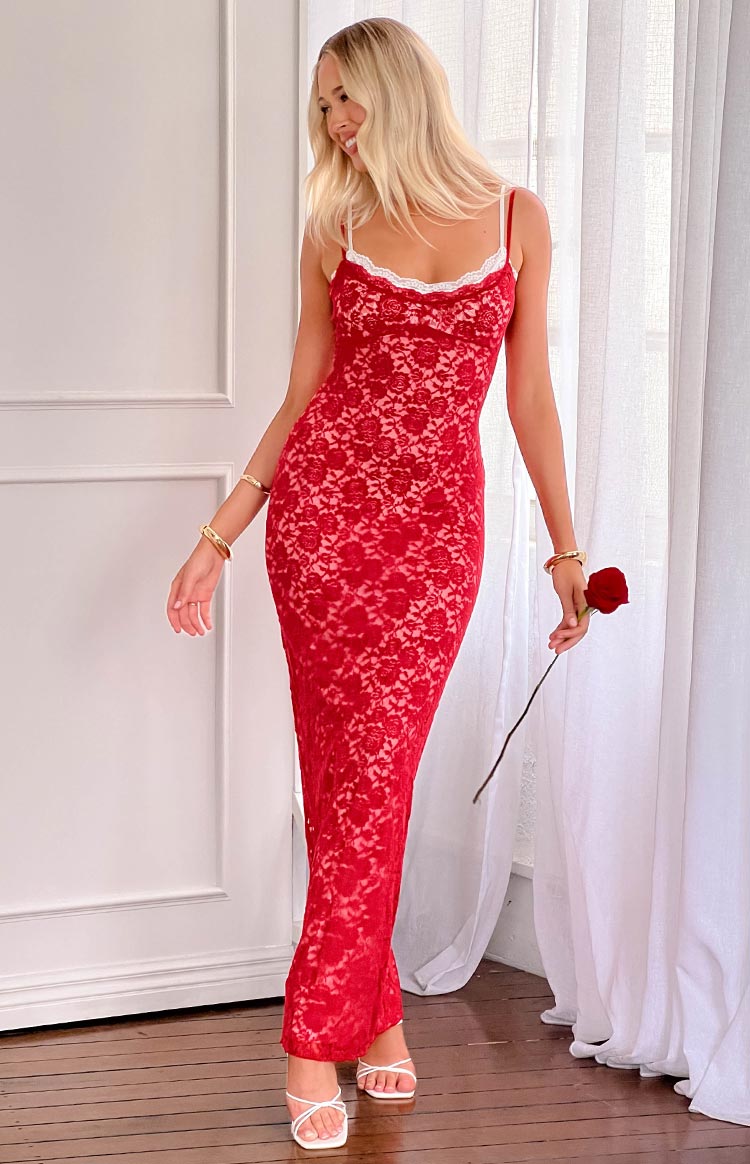 Floral Lace Scalloped Trim Scoop Neck Spaghetti Strap Bodycon Maxi Dress