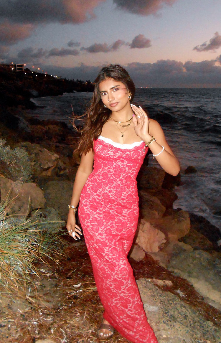 Floral Lace Scalloped Trim Scoop Neck Spaghetti Strap Bodycon Maxi Dress 8