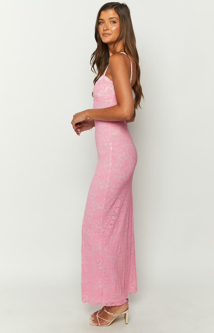 Floral Lace Scoop Neck Lace Trim Spaghetti Strap Bodycon Maxi Dress 4