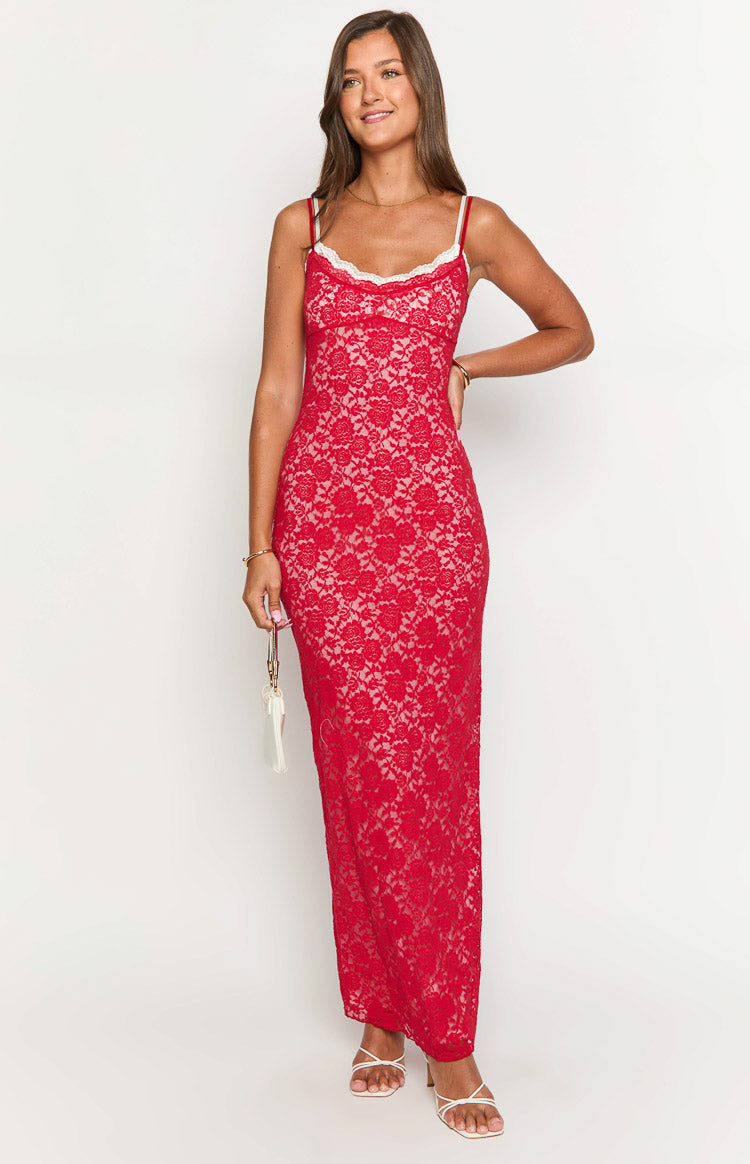 Floral Lace Scalloped Trim Scoop Neck Spaghetti Strap Bodycon Maxi Dress 2