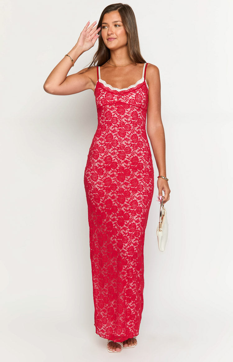 Floral Lace Scalloped Trim Scoop Neck Spaghetti Strap Bodycon Maxi Dress 3