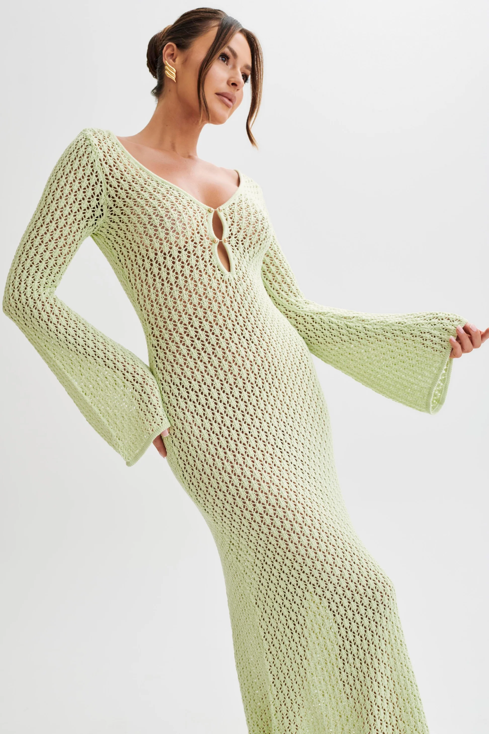 Crochet Deep V-Neck Cut Out Bell Sleeve Maxi Dress