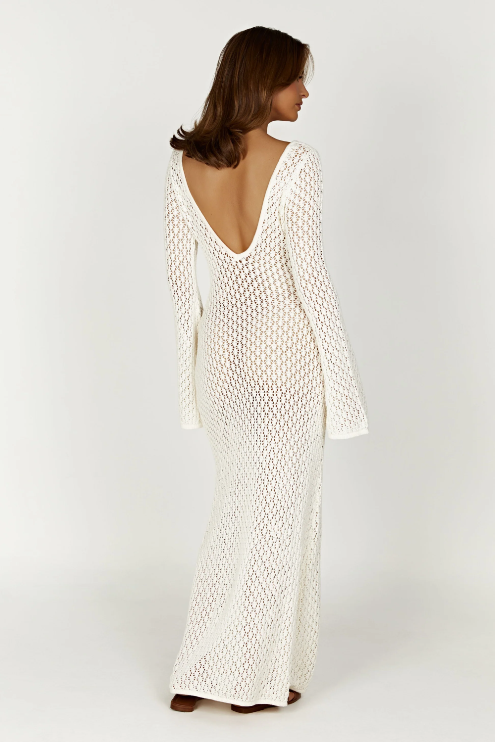 Crochet Deep V-Neck Cut Out Bell Sleeve Maxi Dress