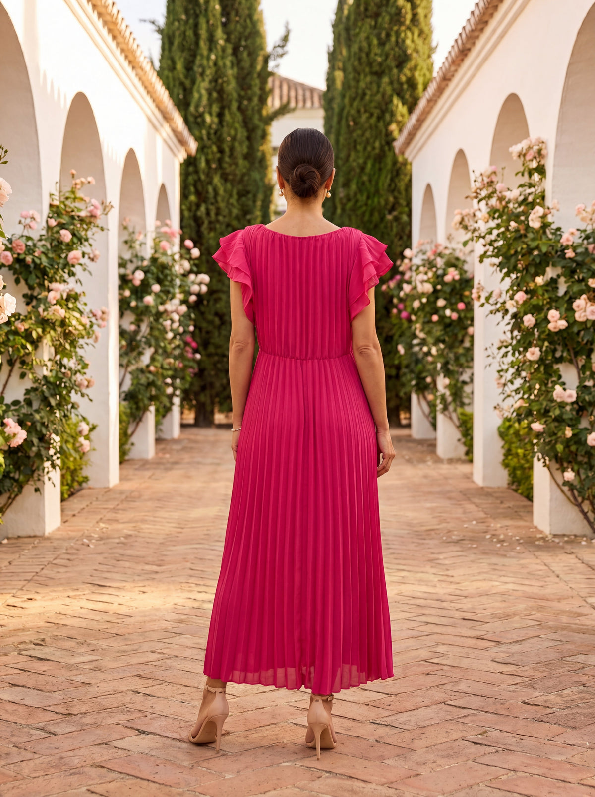 Pleated Boat Neck Flutter Sleeve Twist Waist Midi Dress