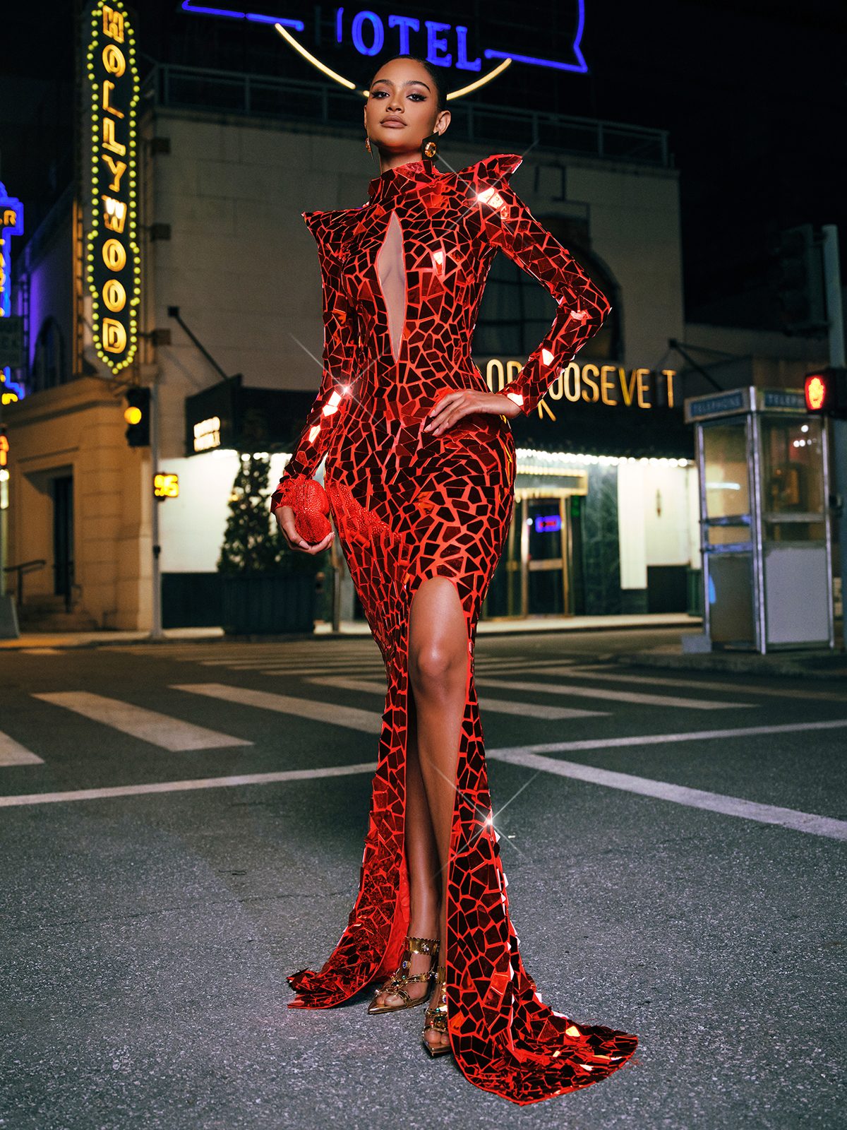 Long Sleeve Embellished Split Maxi Dress In Red - View 3