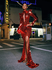 Long Sleeve Embellished Split Maxi Dress In Red - View 3