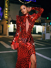 Long Sleeve Embellished Split Maxi Dress In Red - View 5