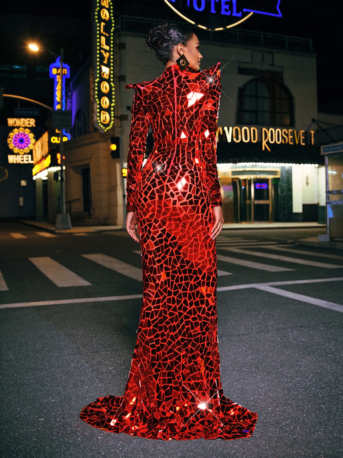 Long Sleeve Embellished Split Maxi Dress In Red - View 6