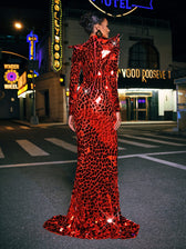 Long Sleeve Embellished Split Maxi Dress In Red - View 6