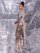 Long Sleeve Embellished Split Maxi Dress In Silver - View 6