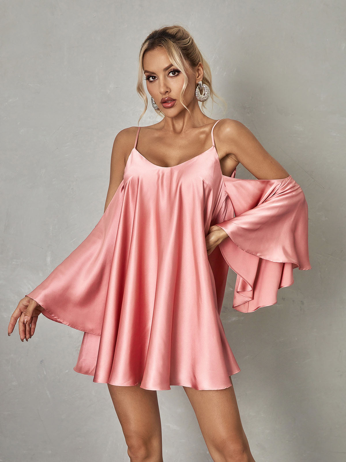 Satin Cold Shoulder Flare Sleeve Spaghetti Strap Swing Mini Dress