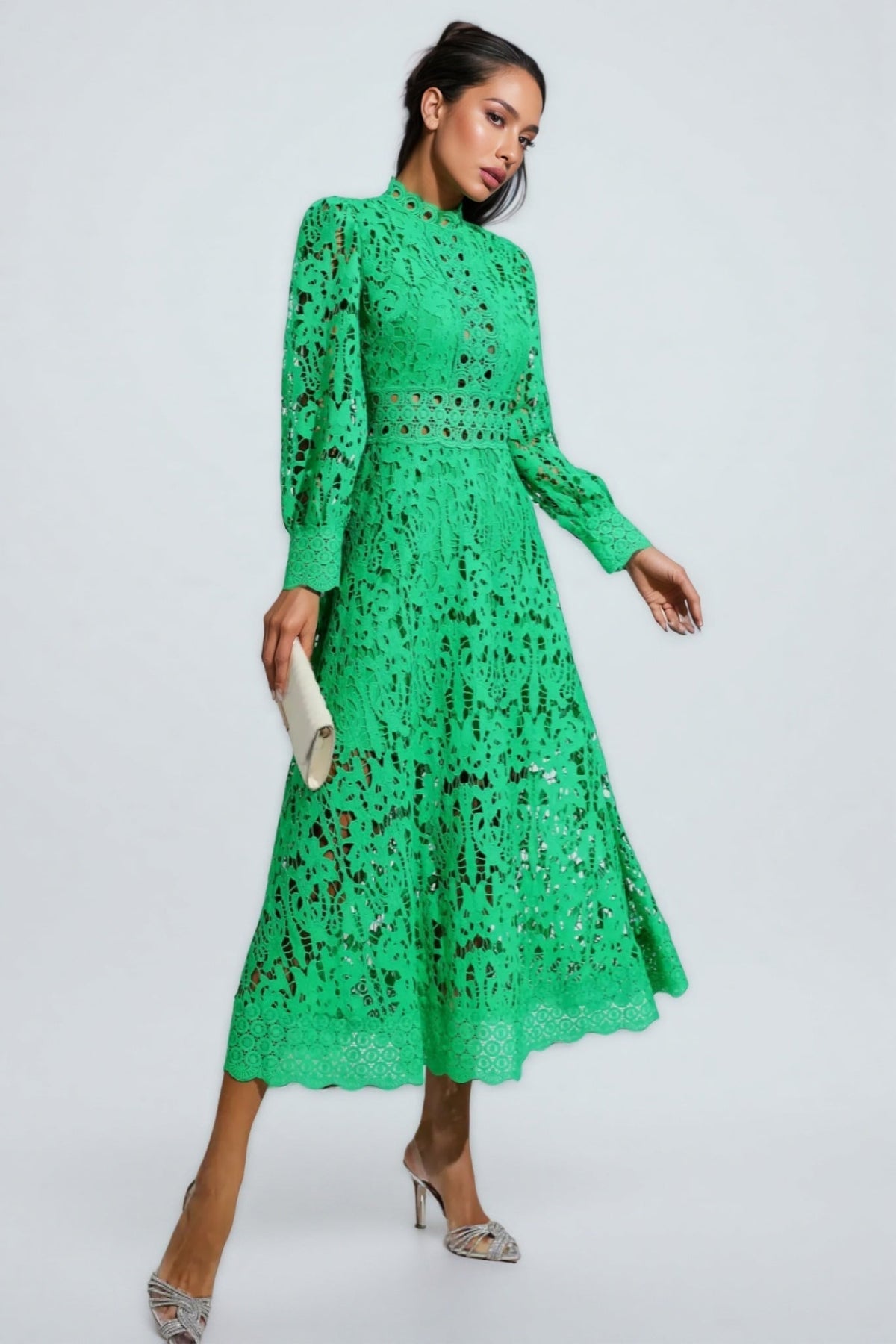 Cut Out Lace Mock Neck Long Puff Sleeve A-Line Midi Dress 2