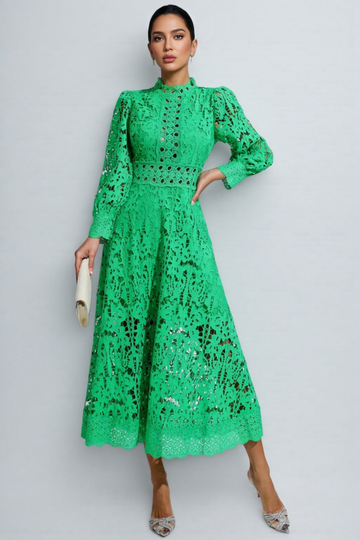 Cut Out Lace Mock Neck Long Puff Sleeve A-Line Midi Dress