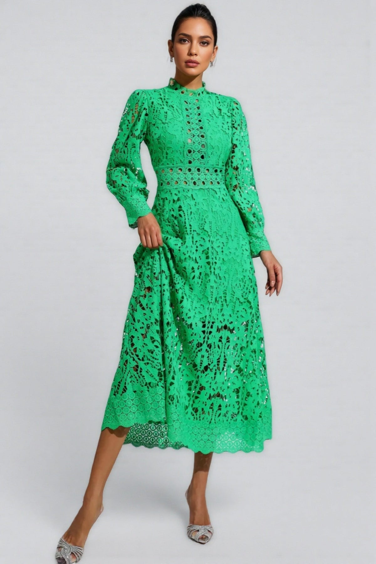 Cut Out Lace Mock Neck Long Puff Sleeve A-Line Midi Dress 3