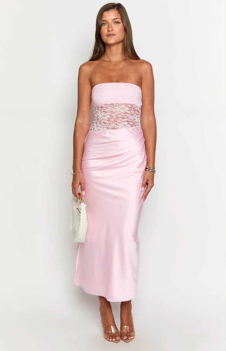 Lace Strapless Bodice Satin Ruched Side Maxi Dress 2