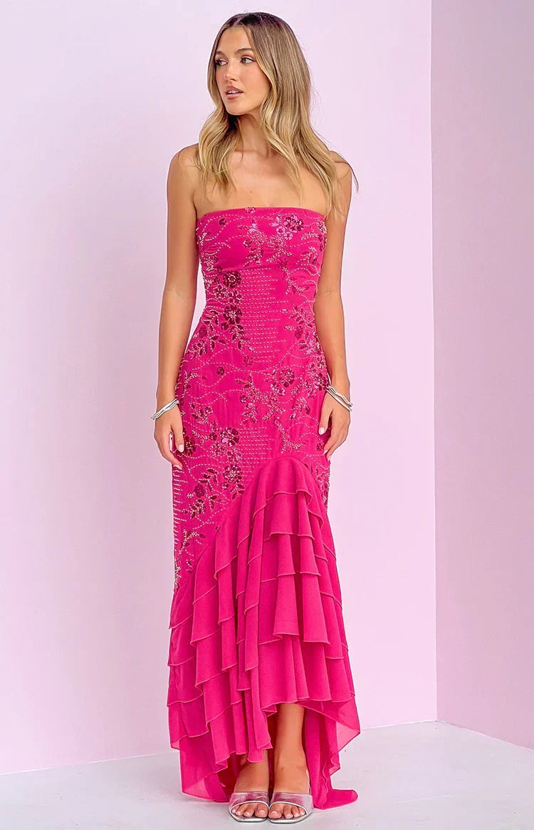 Beaded Strapless Tiered Ruffle Mermaid Hem Maxi Dress