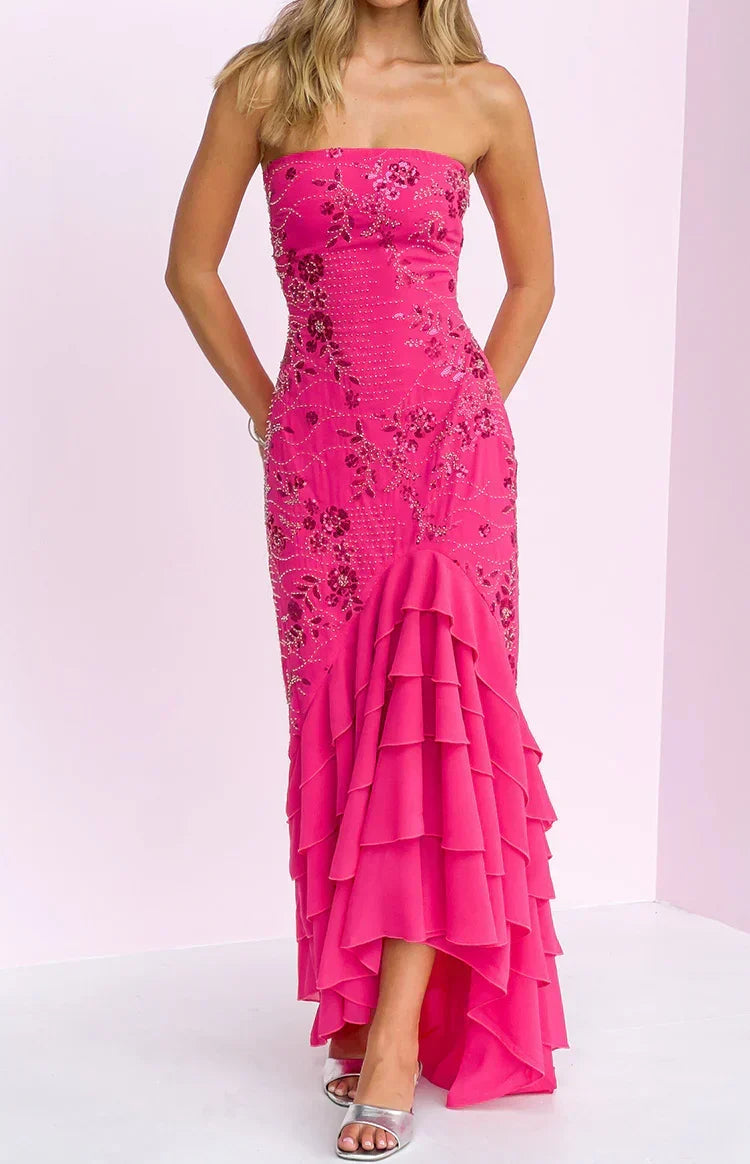 Beaded Strapless Tiered Ruffle Mermaid Hem Maxi Dress 2