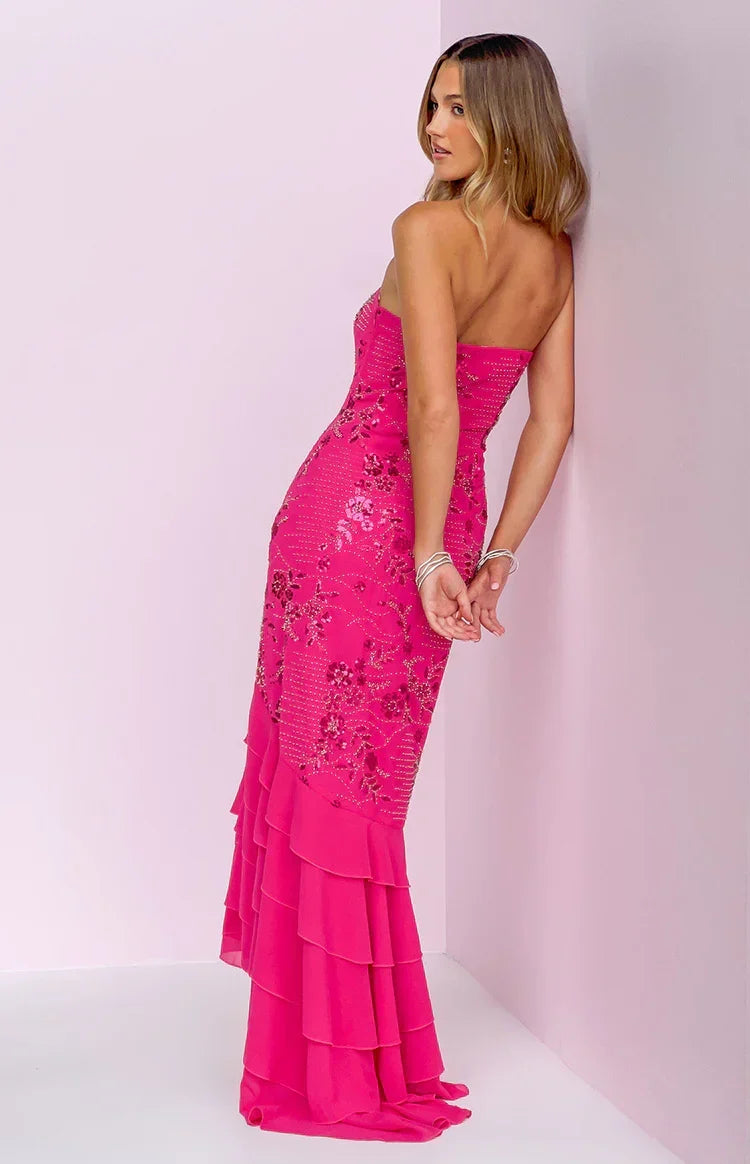 Beaded Strapless Tiered Ruffle Mermaid Hem Maxi Dress 4