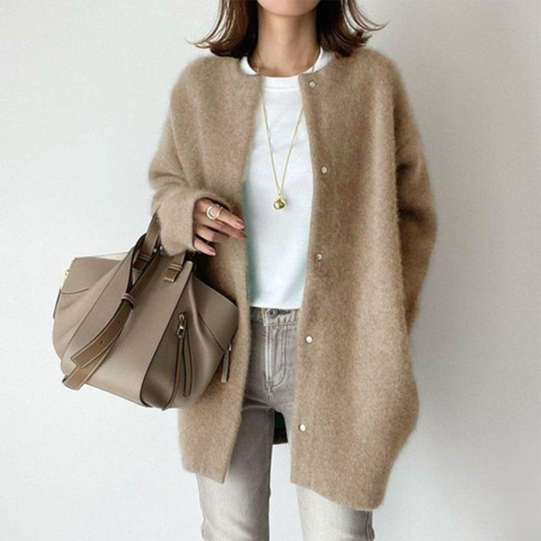 Crew Neck Button Front Oversized Knit Cardigan