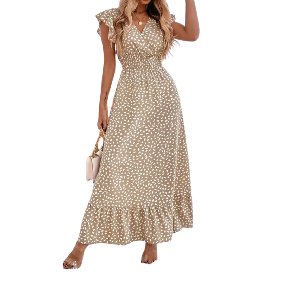 Spotted Print V-Neck Flutter Sleeve Smocked Waist Maxi Dress 2