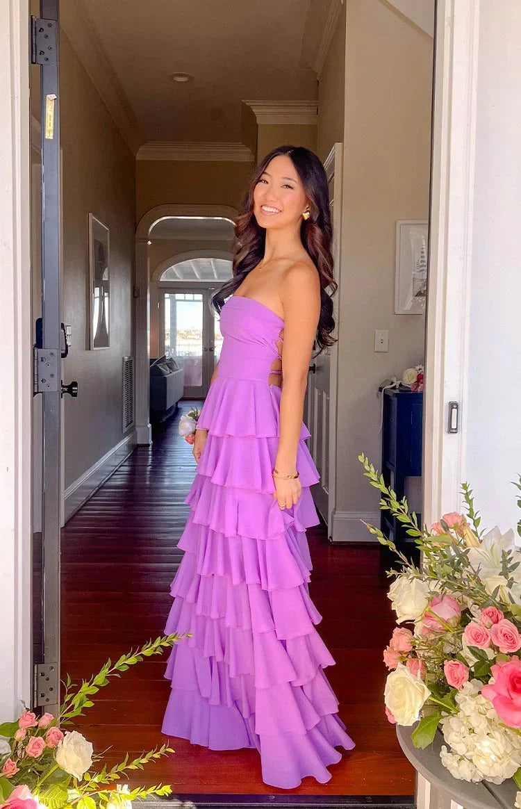 Kim Magenta Strapless Ruffle Prom Dress