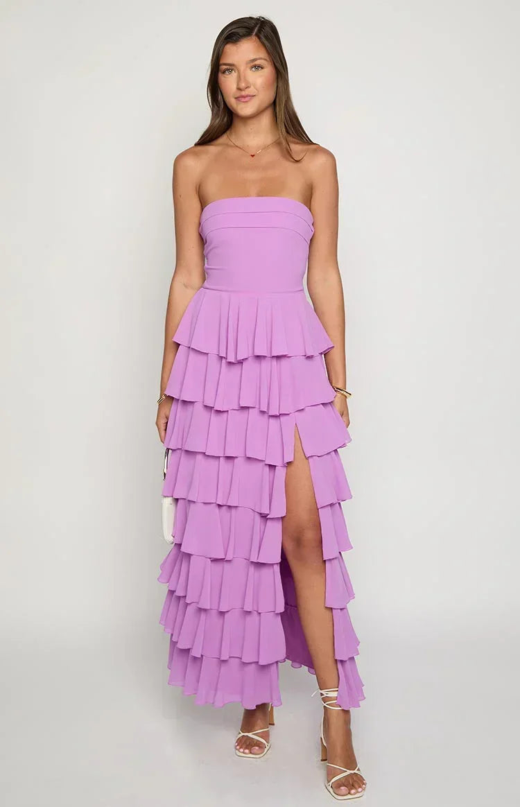 Kim Magenta Strapless Ruffle Prom Dress