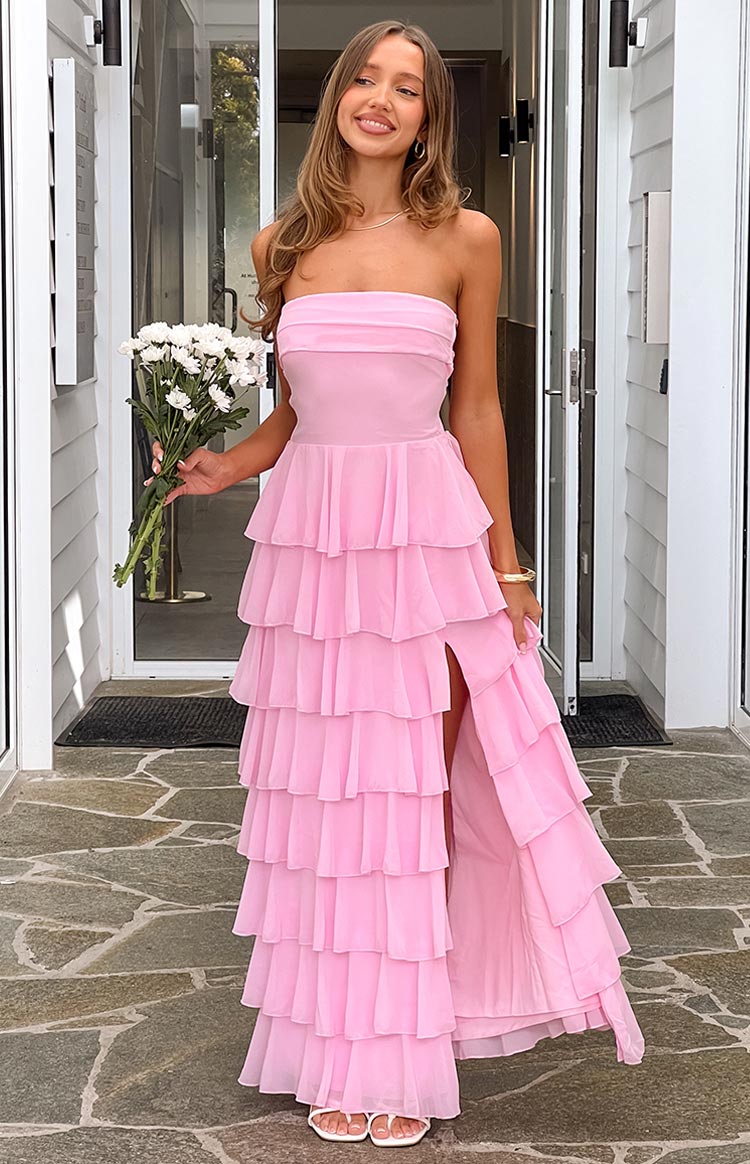 Strapless Tiered Ruffle Chiffon High Split Maxi Dress 8
