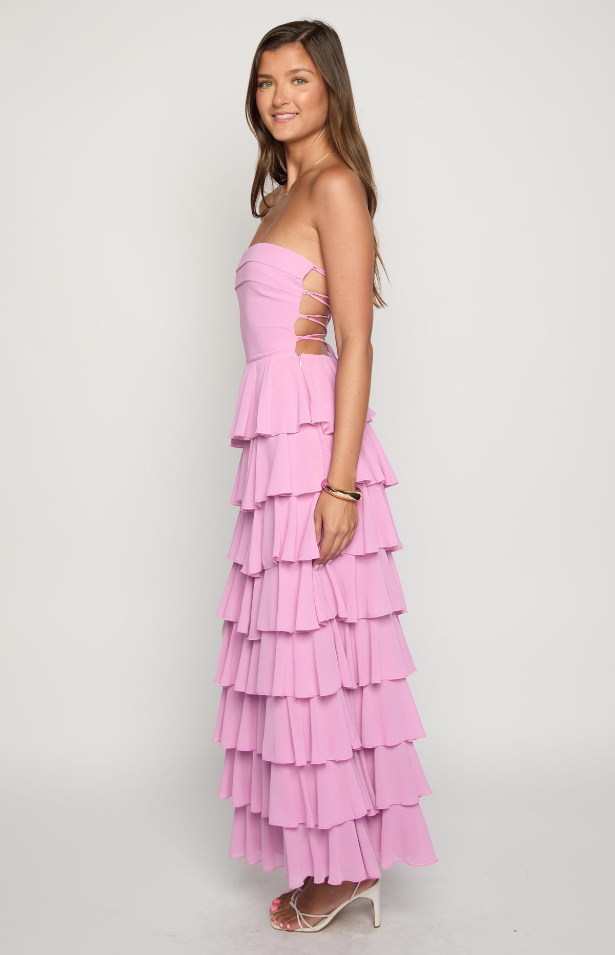 Strapless Tiered Ruffle Chiffon High Split Maxi Dress 2