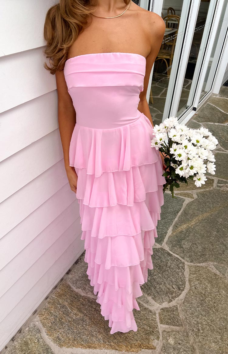 Strapless Tiered Ruffle Chiffon High Split Maxi Dress 11