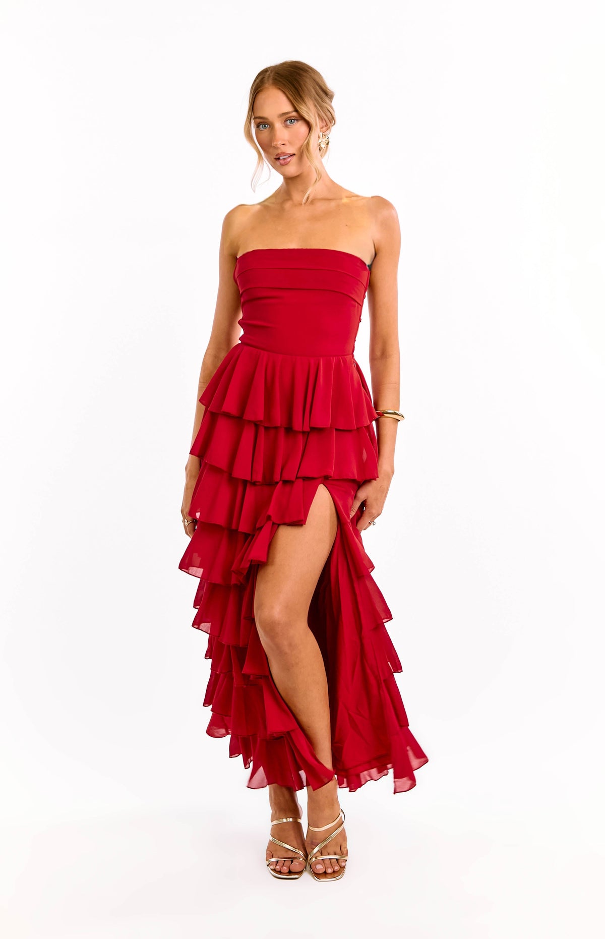 Chiffon Lace Up Back Tiered Ruffle High Low Maxi Dress 4