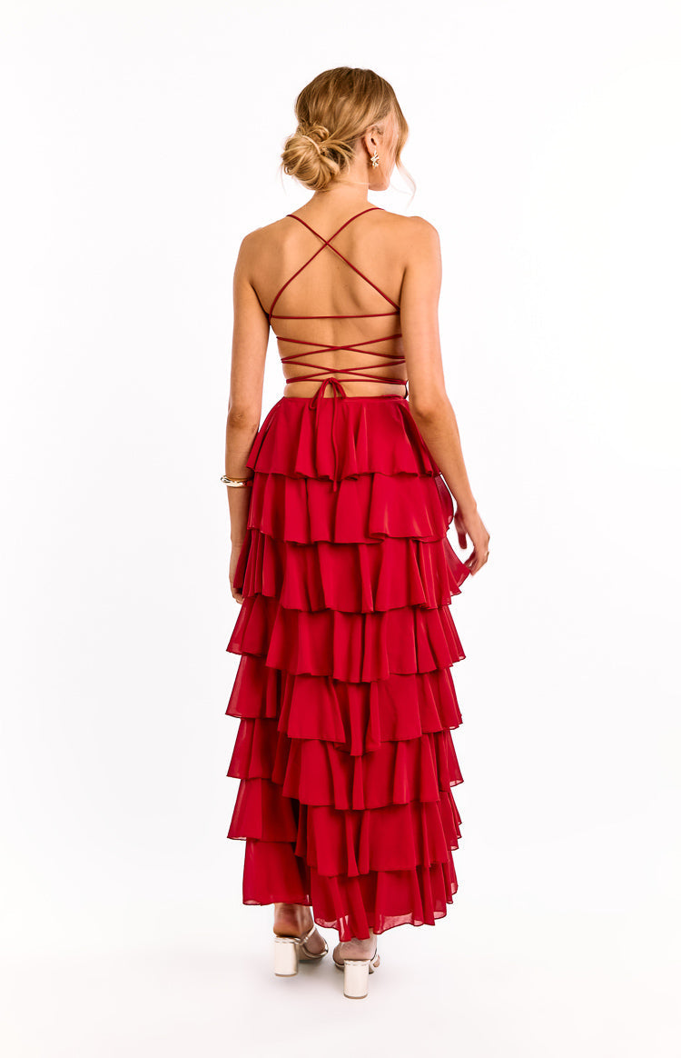 Chiffon Lace Up Back Tiered Ruffle High Low Maxi Dress