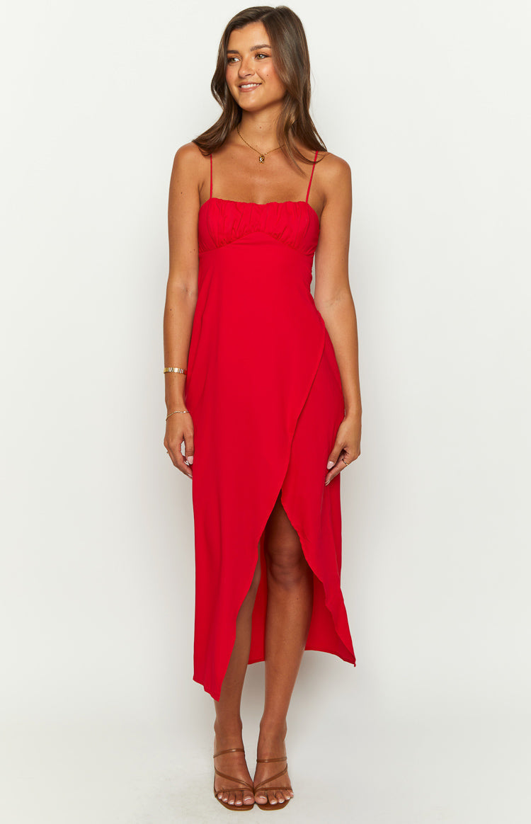 Spaghetti Strap Ruched Bust Wrap Front Split Midi Dress 2