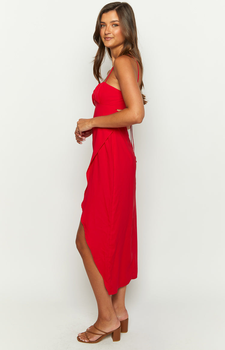 Spaghetti Strap Ruched Bust Wrap Front Split Midi Dress 3