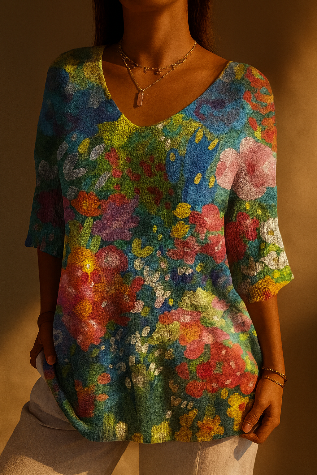 Floral Print V-Neck Half Sleeve Tunic Top