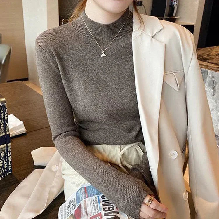 Mock Neck Long Sleeve Slim Fit Ribbed Cuff Knit Sweater 8
