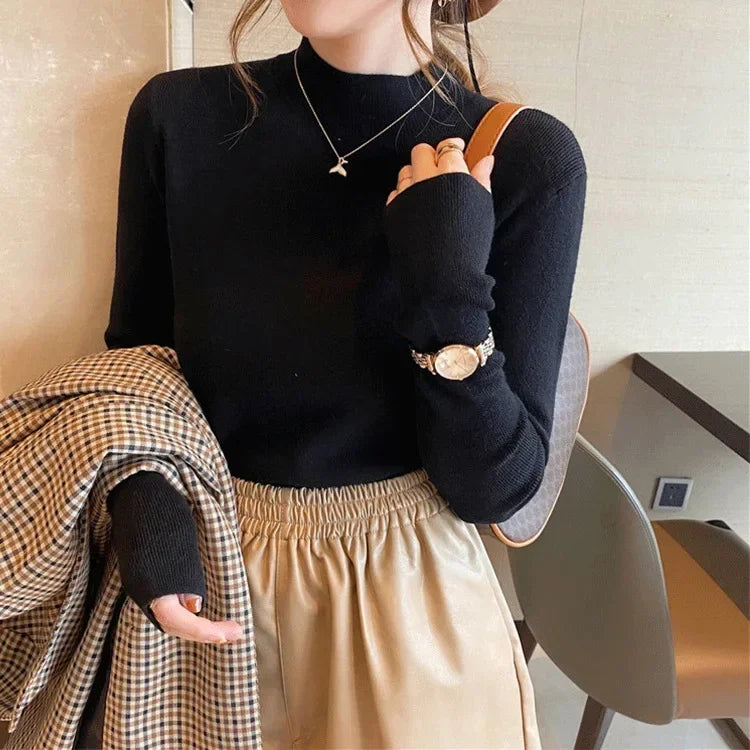 Mock Neck Long Sleeve Slim Fit Ribbed Cuff Knit Sweater 7