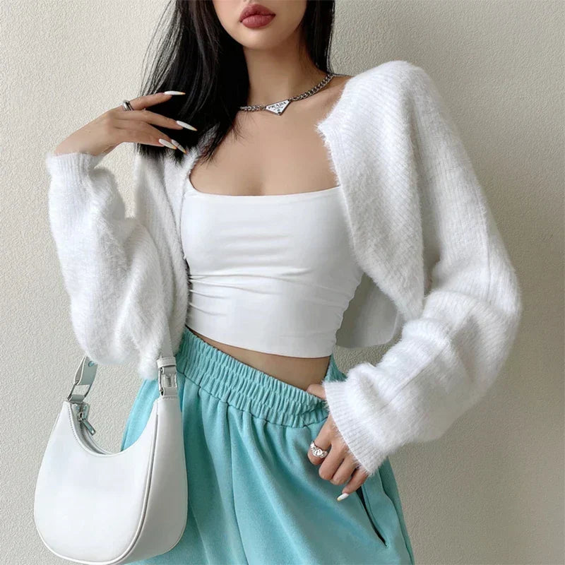 Open Front Long Sleeve Fuzzy Knit Cropped Shrug Cardigan 2