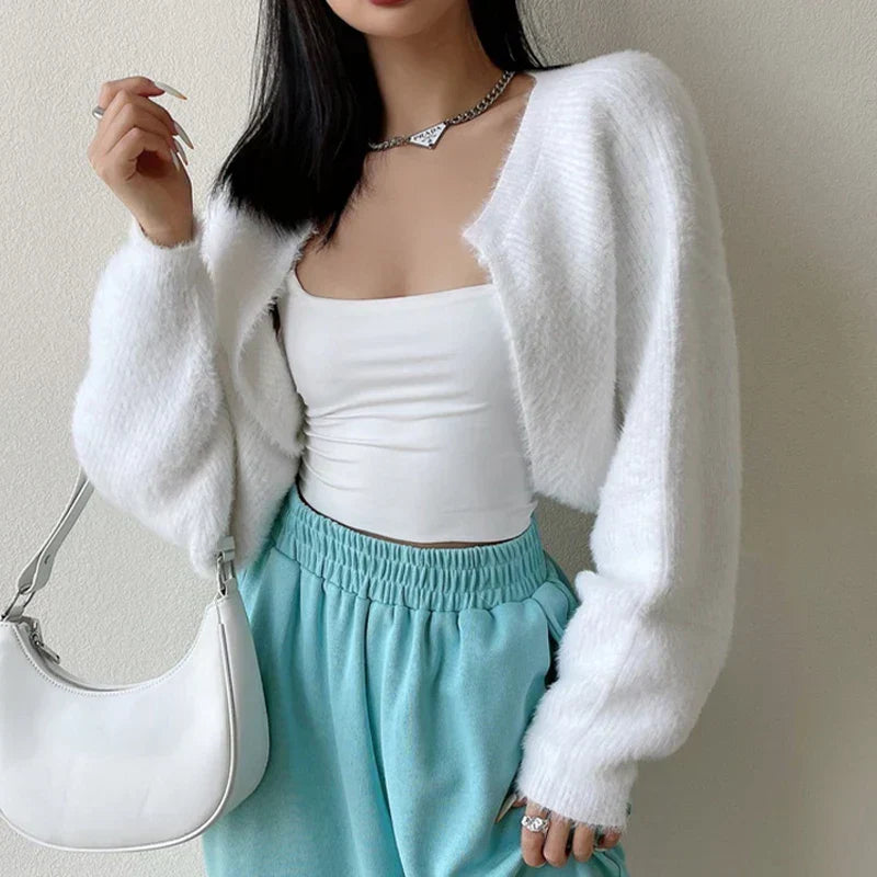 Open Front Cropped Long Sleeve Cardigan White / One Size