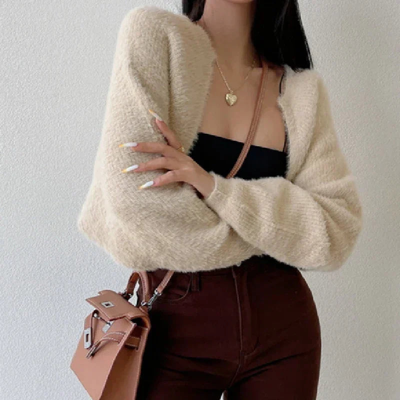 Open Front Long Sleeve Fuzzy Knit Cropped Shrug Cardigan 3