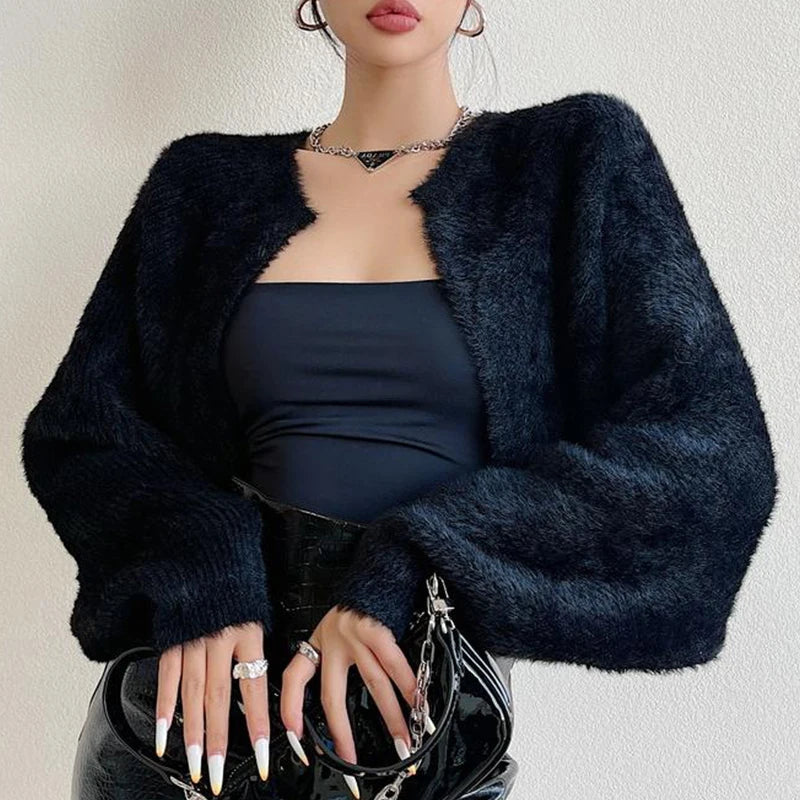 Open Front Long Sleeve Fuzzy Knit Cropped Shrug Cardigan 7