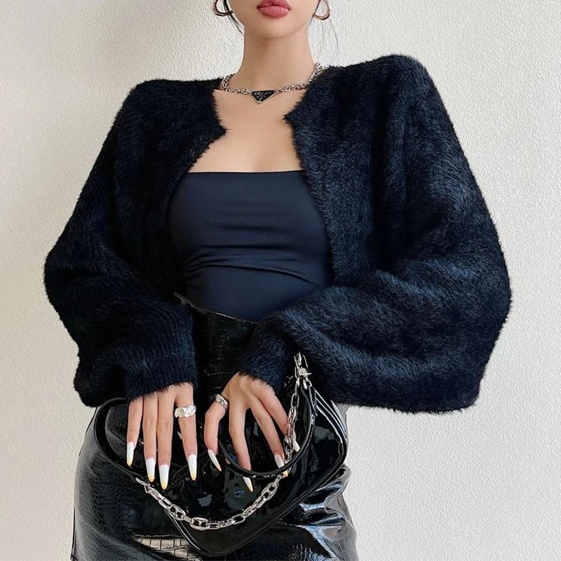 Open Front Long Sleeve Fuzzy Knit Cropped Shrug Cardigan 4