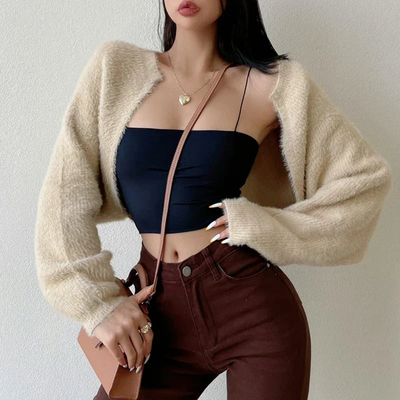 Open Front Long Sleeve Fuzzy Knit Cropped Shrug Cardigan