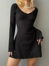 Knitting V Neck Hem Elegant Mini Dress Black / S