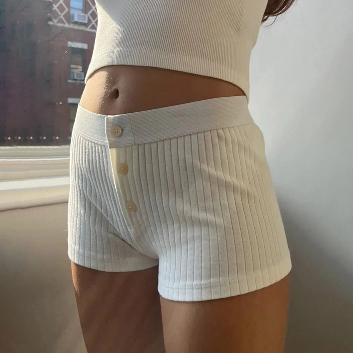 Ribbed Knit Contrast Waistband Button Front Low Rise Shorts 2