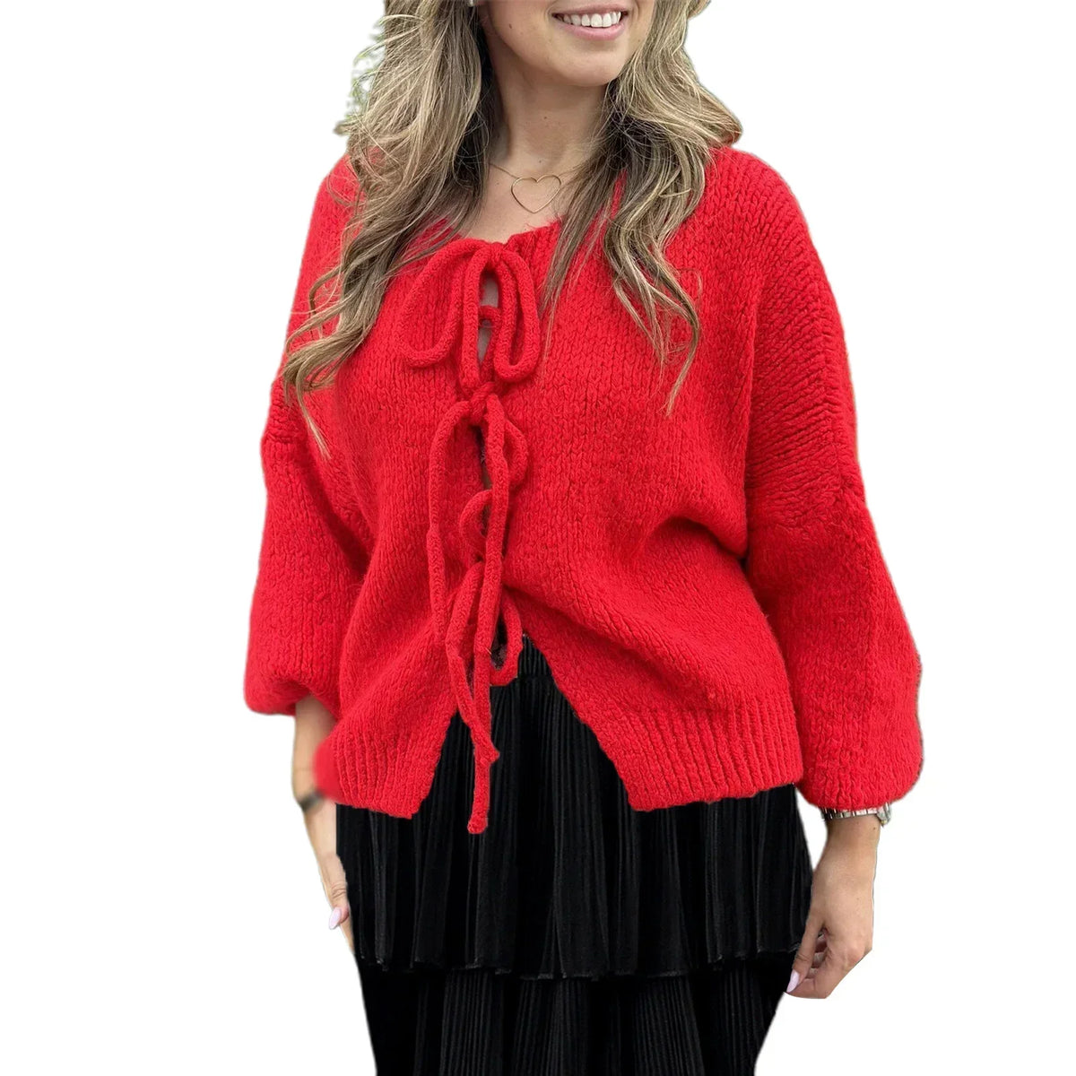Tie Front Bow Balloon Sleeve Chunky Knit Oversized Cardigan 3
